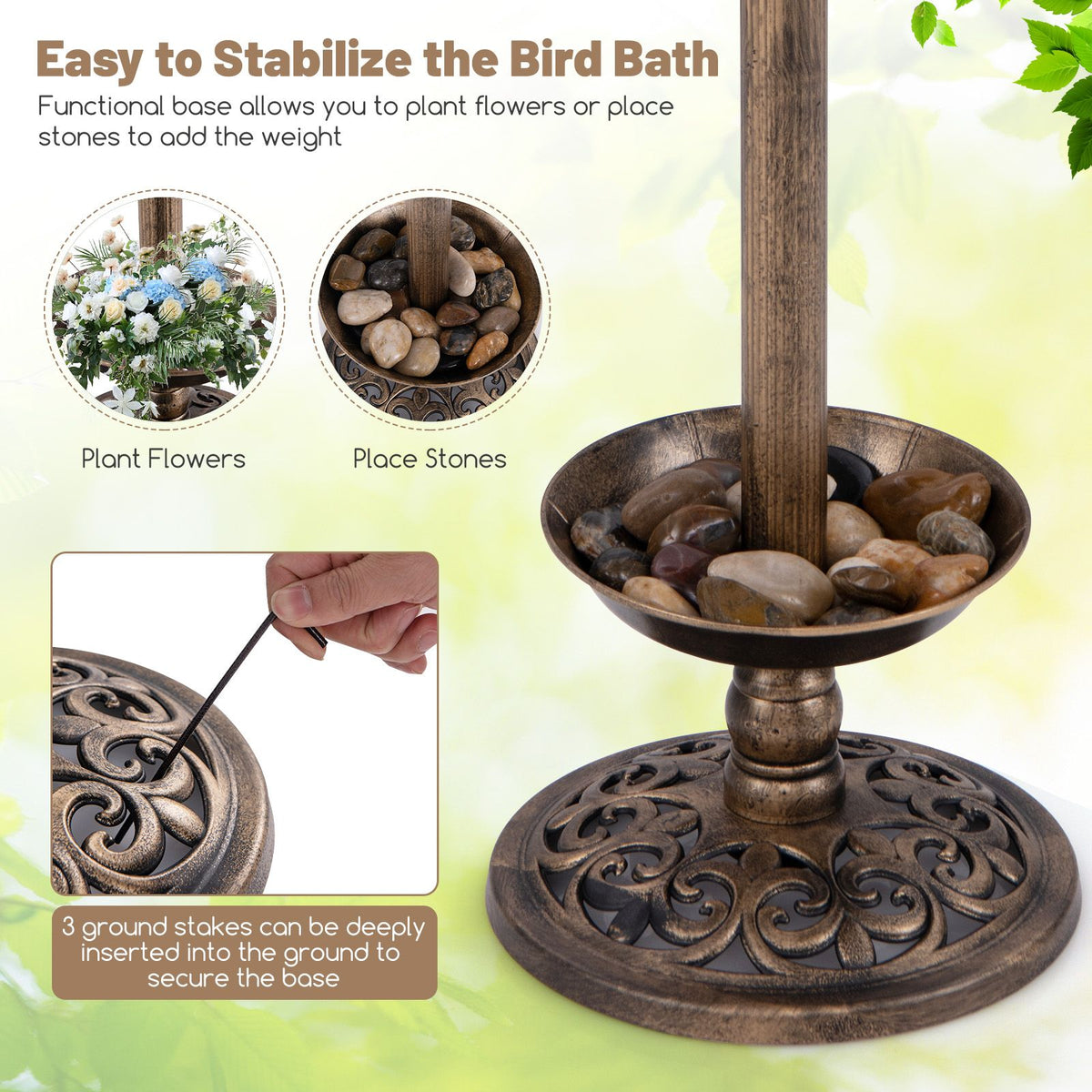 Outdoor Solar Bird Bath Standing Pedestal with Feeder and Lamp for Garden