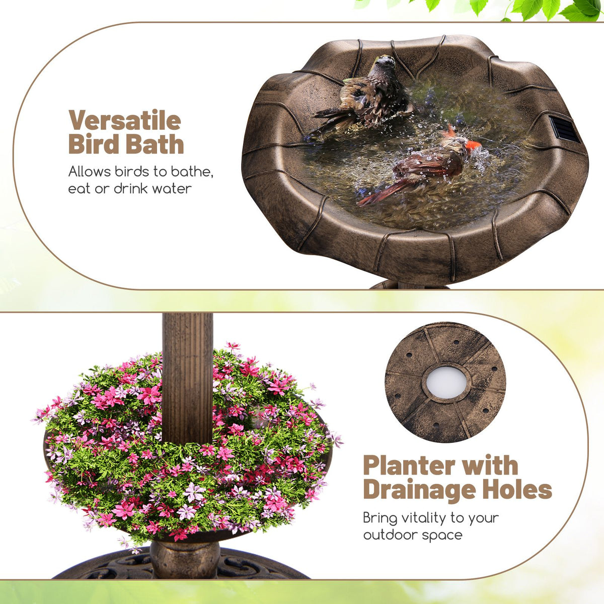 Outdoor Solar Bird Bath Standing Pedestal with Feeder and Lamp for Garden