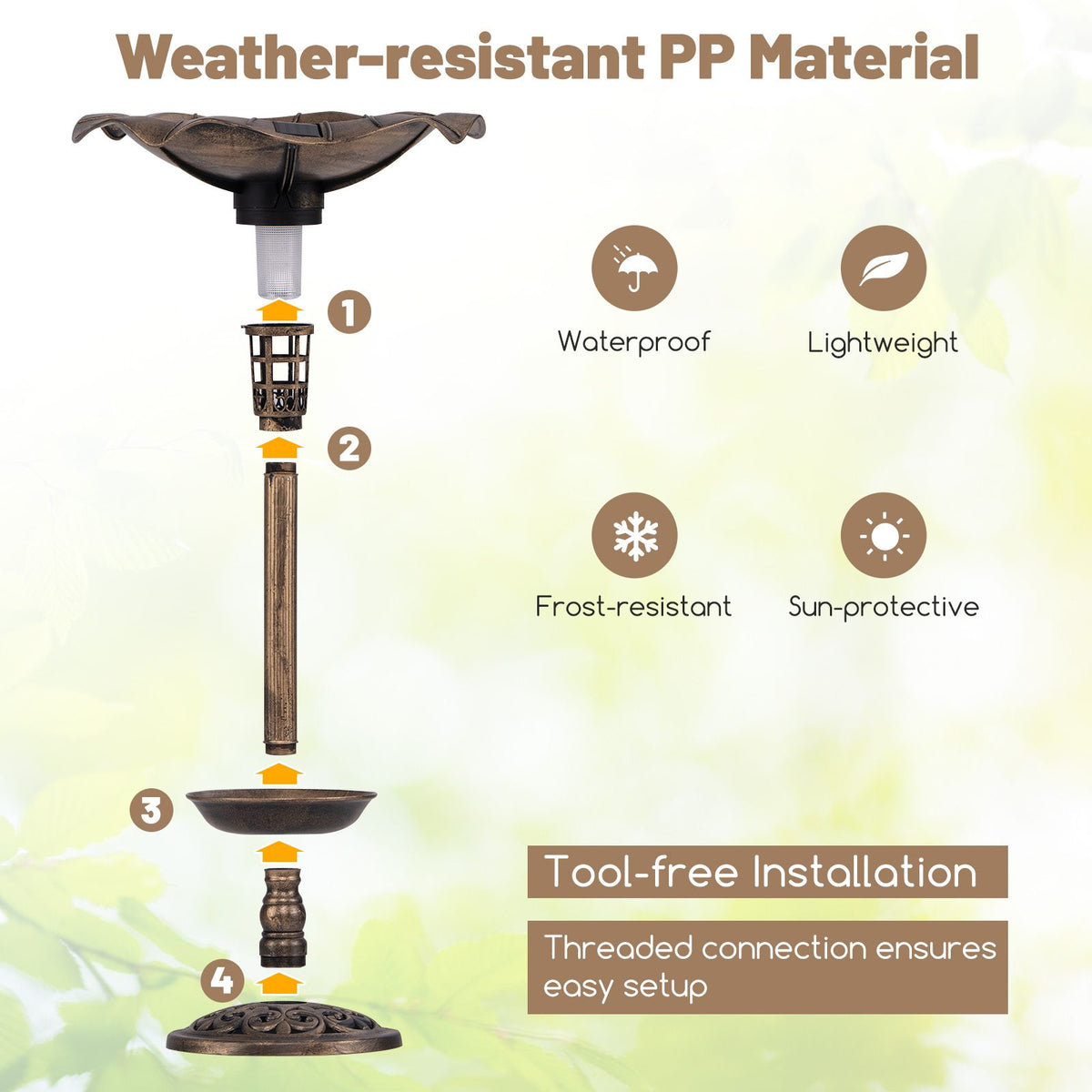 Outdoor Solar Bird Bath Standing Pedestal with Feeder and Lamp for Garden