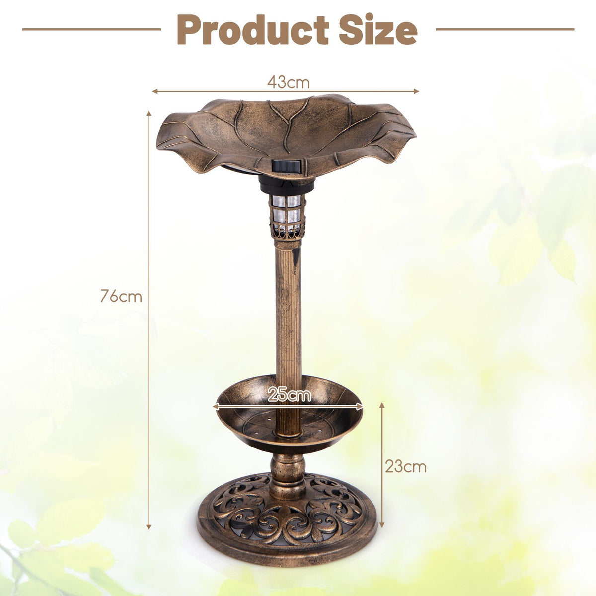 Outdoor Solar Bird Bath Standing Pedestal with Feeder and Lamp for Garden