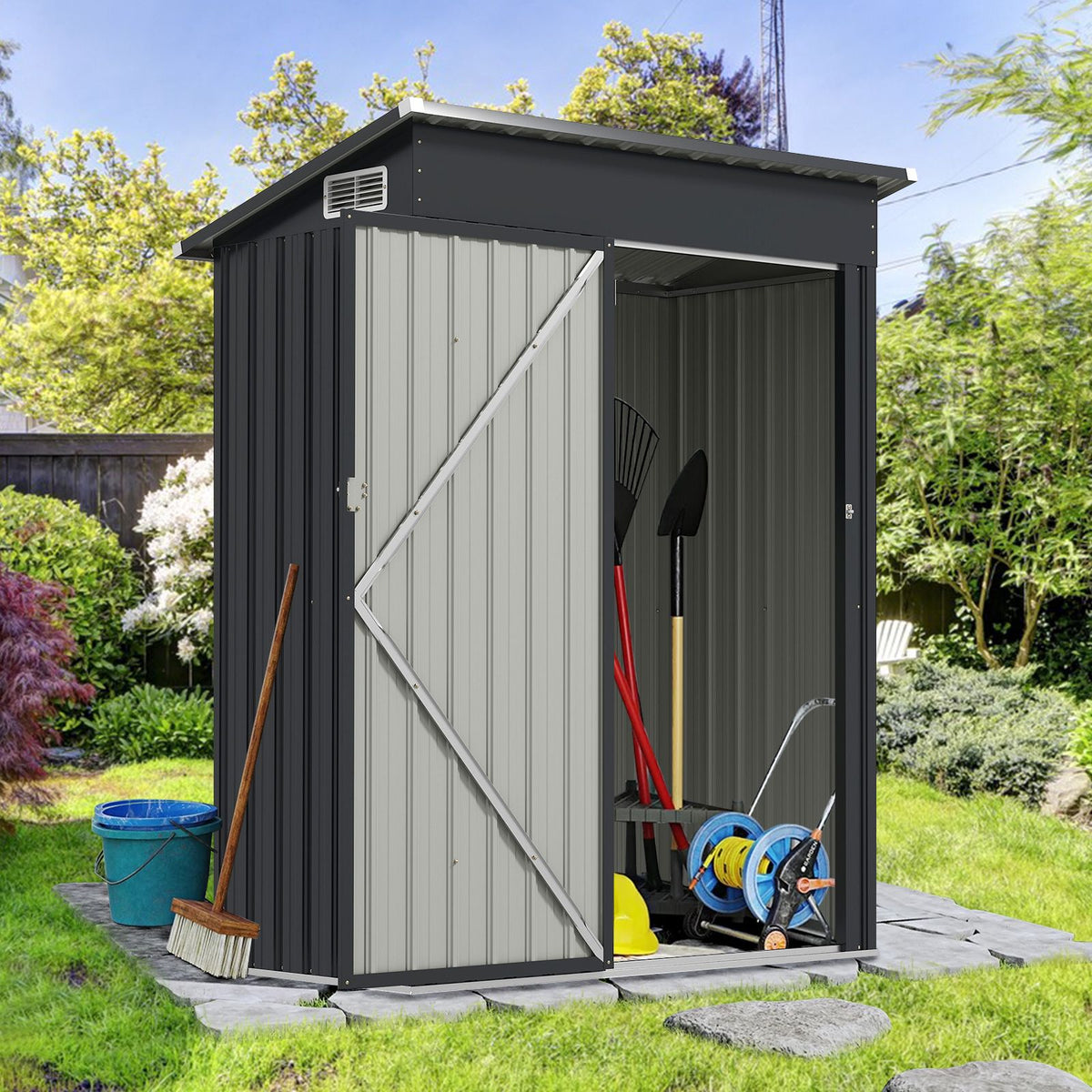 Outdoor Storage Shed with Galvanized Metal Frame and Door with Latch for Garden