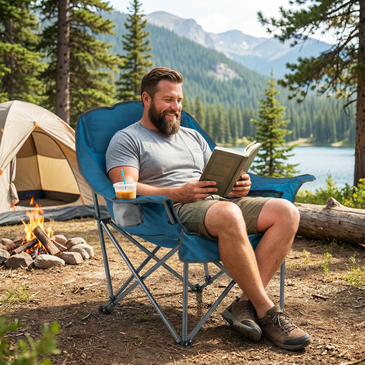 Oversized Camping Chair with Side Pockets and Cup Holder for Outdoor Sports
