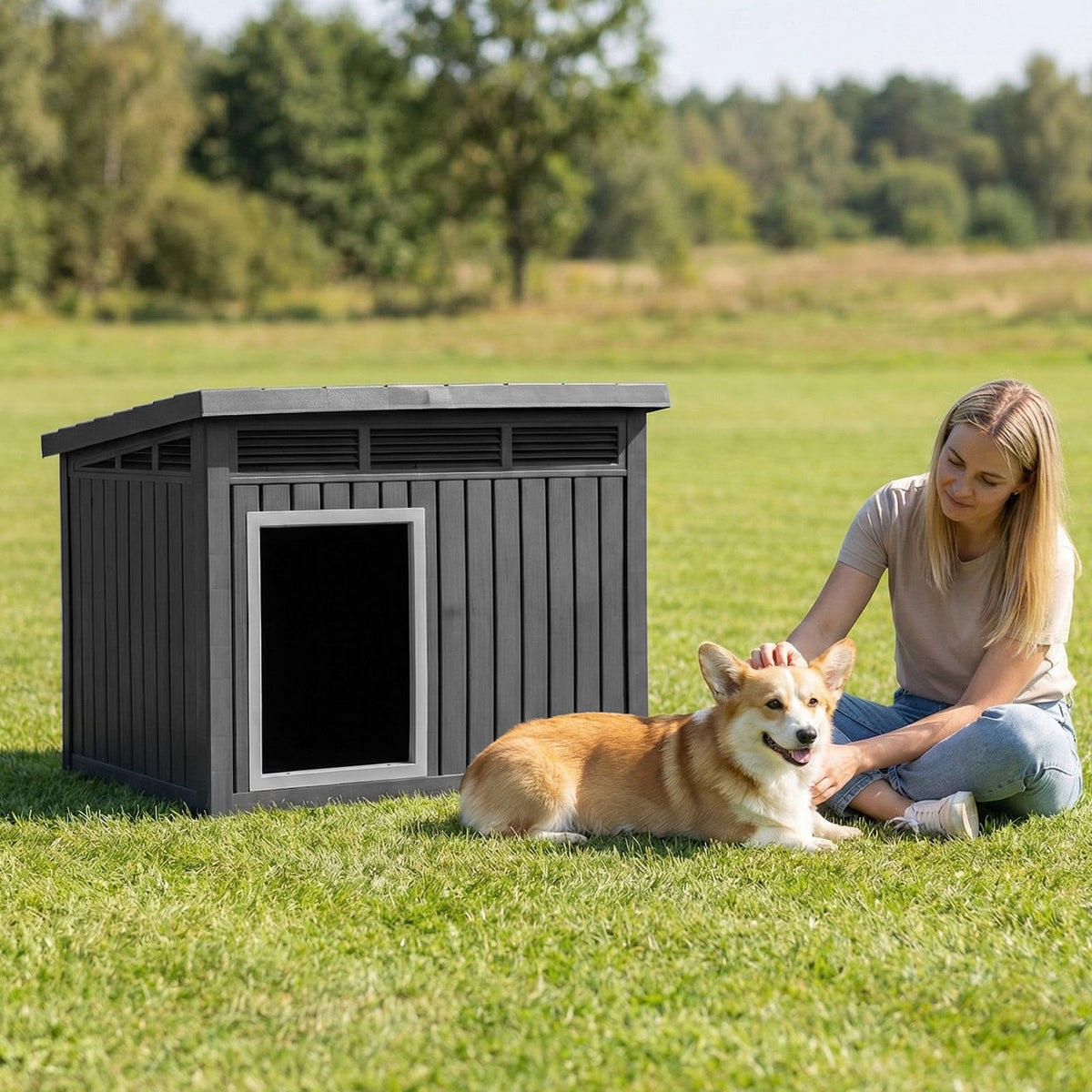 Dog House with Openable Sloped Roof and Air Vents Fits Medium Dogs
