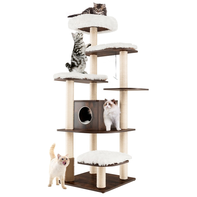 Cat Tree, Wooden Cat Tower with 6-Layer Platform, Sisal Rope Scratching Posts