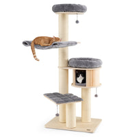174cm Solid Wood Cat Tree, 4-Layer Cat Tower W/Sisal Scratching Posts, Cat Condo, Top Plush Perch