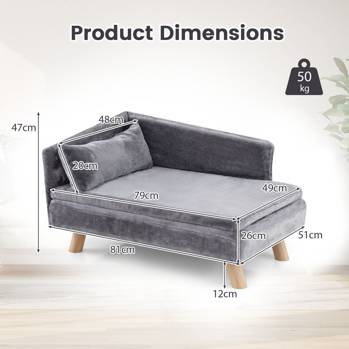 Elevated Pet Bed for Medium & Small-Sized Dogs Puppies Cats Kittens, Dog Sofa Bed with Removable Cozy Padded Pad & Pillow, Sturdy Wood Legs
