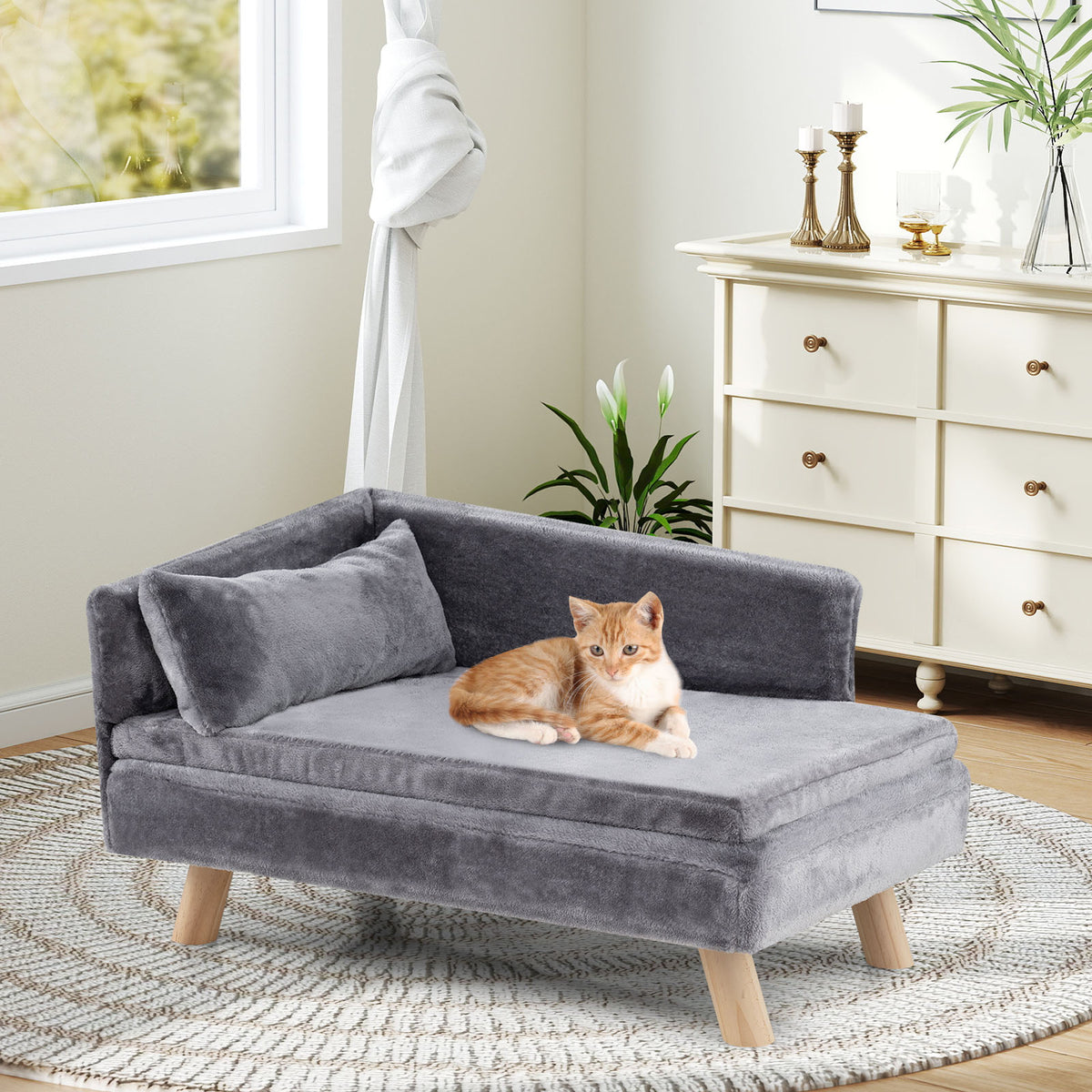 Elevated Pet Bed for Medium & Small-Sized Dogs Puppies Cats Kittens, Dog Sofa Bed with Removable Cozy Padded Pad & Pillow, Sturdy Wood Legs
