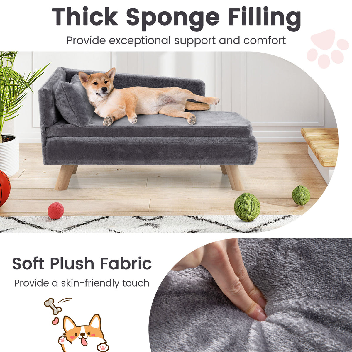 Elevated Pet Bed for Medium & Small-Sized Dogs Puppies Cats Kittens, Dog Sofa Bed with Removable Cozy Padded Pad & Pillow, Sturdy Wood Legs