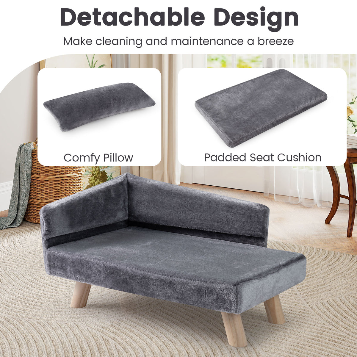 Elevated Pet Bed for Medium & Small-Sized Dogs Puppies Cats Kittens, Dog Sofa Bed with Removable Cozy Padded Pad & Pillow, Sturdy Wood Legs