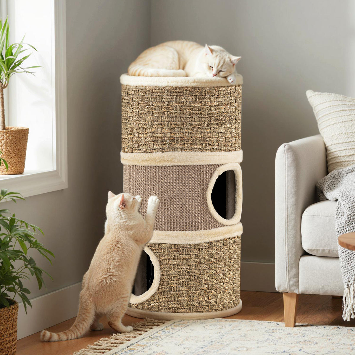 3-Story Cat Condo, 70 CM Multi-Level Cat Hideaway with Sisal Scratching Pad