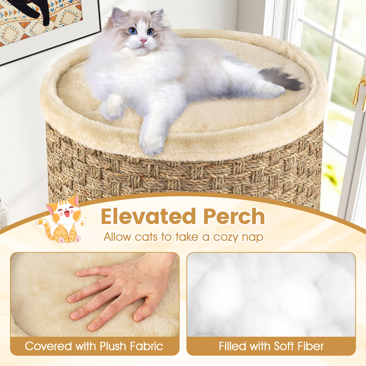 3-Story Cat Condo, 70 CM Multi-Level Cat Hideaway with Sisal Scratching Pad