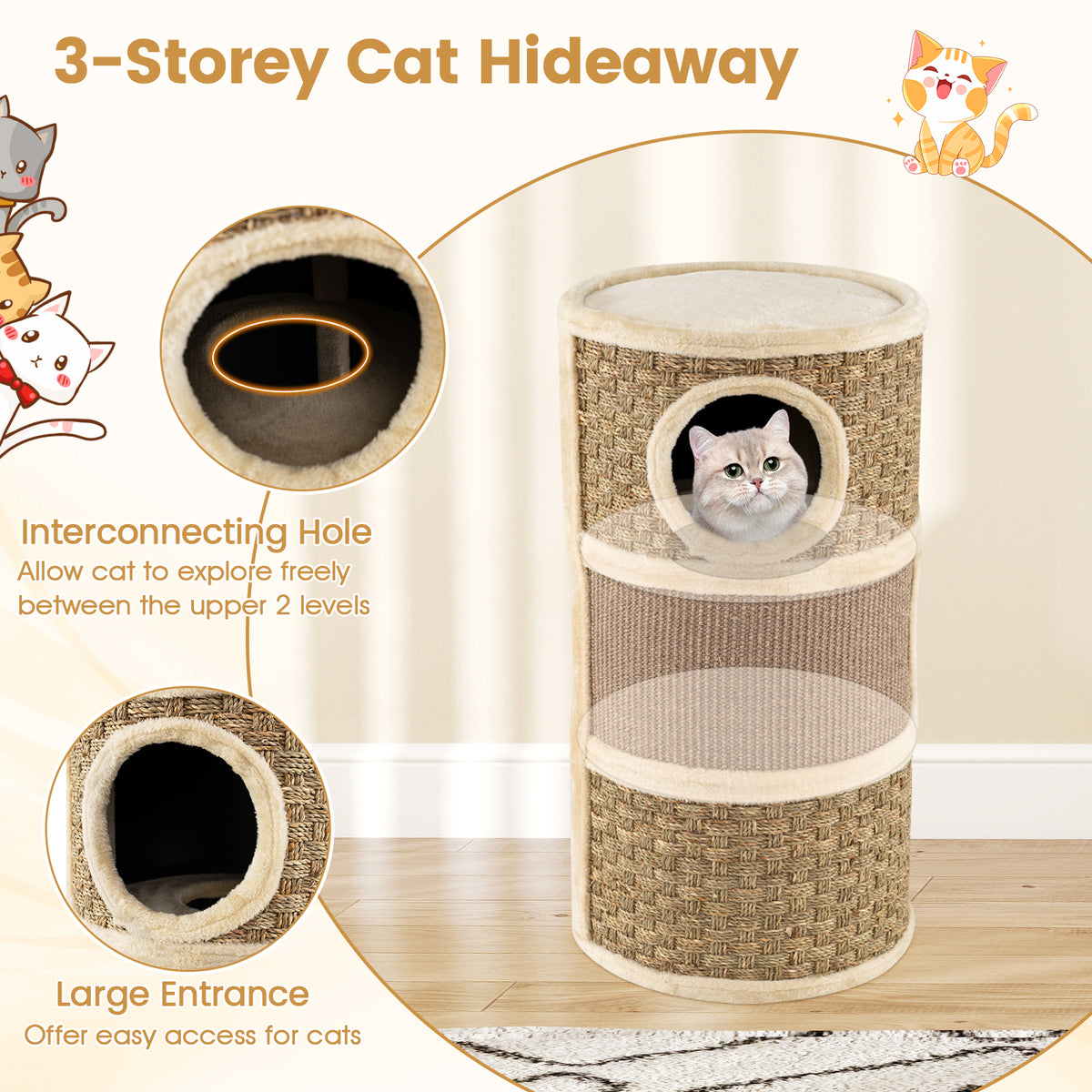 3-Story Cat Condo, 70 CM Multi-Level Cat Hideaway with Sisal Scratching Pad