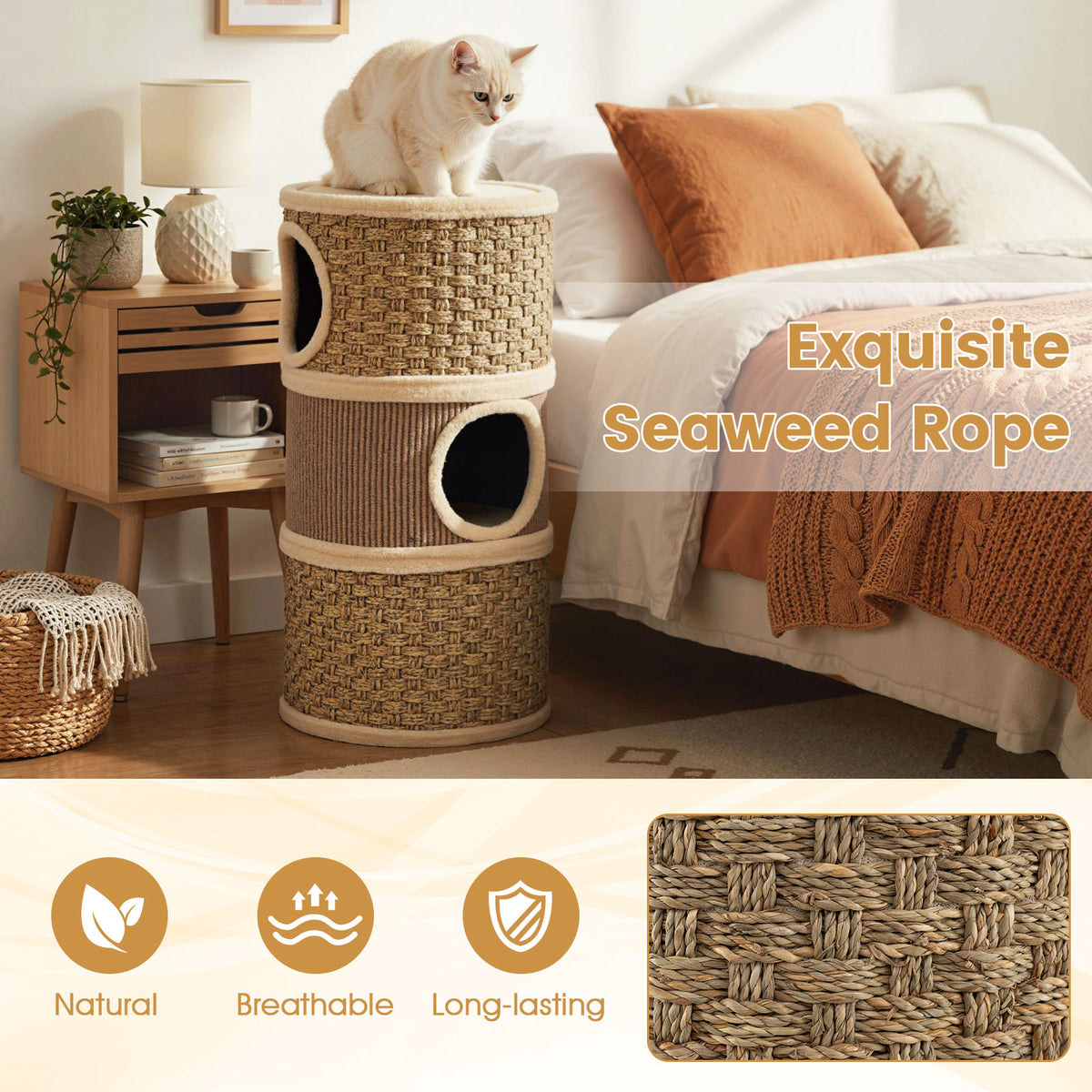 3-Story Cat Condo, 70 CM Multi-Level Cat Hideaway with Sisal Scratching Pad