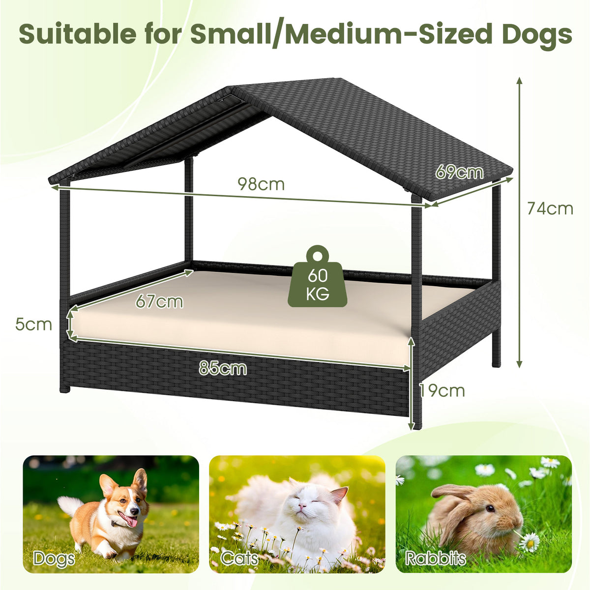 Elevated Rattan Wicker Dog House with Canopy and Removable Cushion