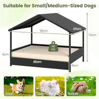 Elevated Rattan Wicker Dog House with Canopy and Removable Cushion