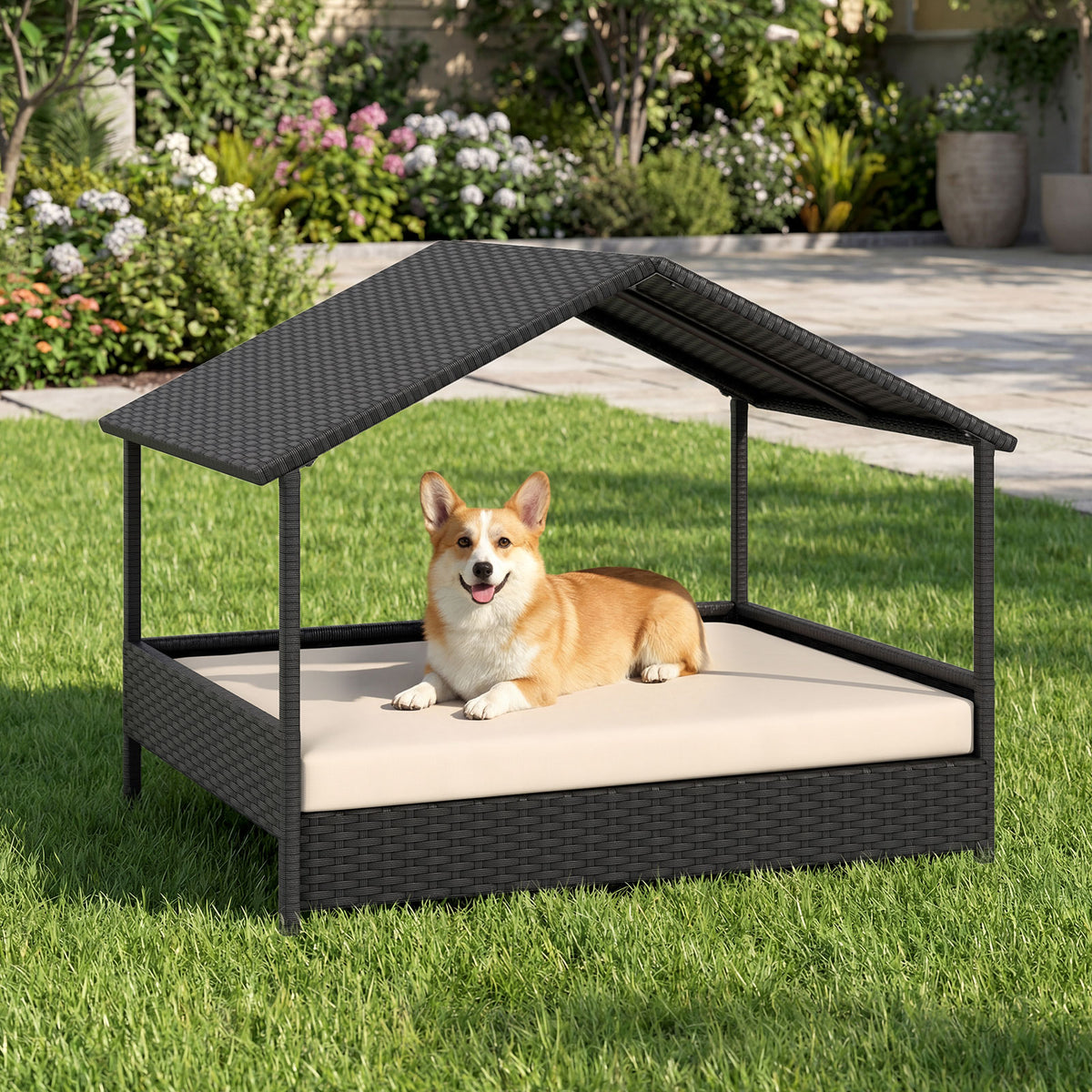 Elevated Rattan Wicker Dog House with Canopy and Removable Cushion