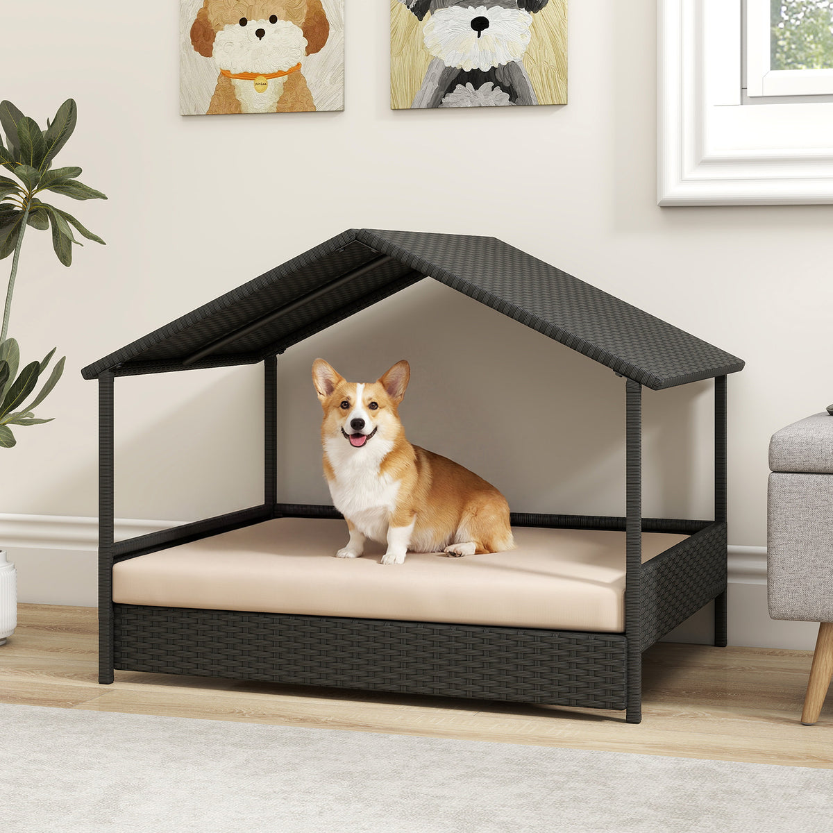 Elevated Rattan Wicker Dog House with Canopy and Removable Cushion