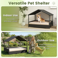 Elevated Rattan Wicker Dog House with Canopy and Removable Cushion
