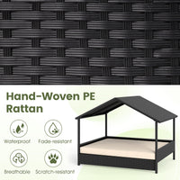 Elevated Rattan Wicker Dog House with Canopy and Removable Cushion