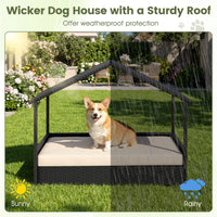 Elevated Rattan Wicker Dog House with Canopy and Removable Cushion