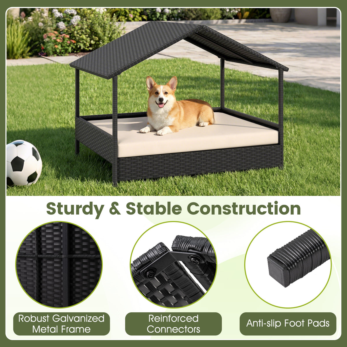 Elevated Rattan Wicker Dog House with Canopy and Removable Cushion