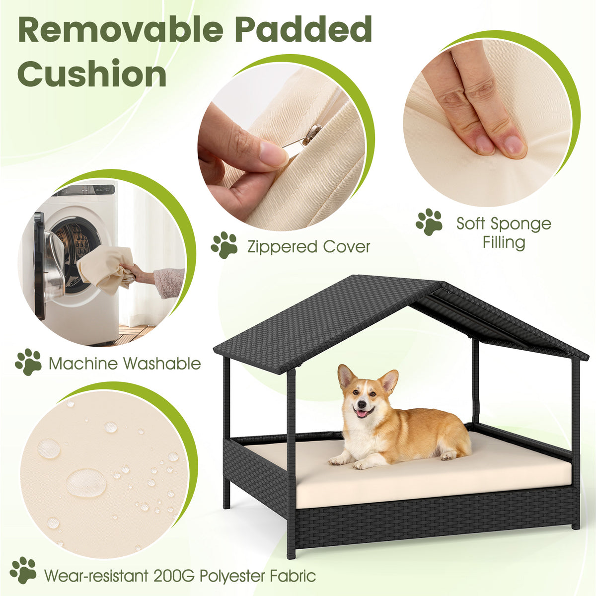 Elevated Rattan Wicker Dog House with Canopy and Removable Cushion