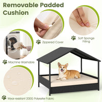 Elevated Rattan Wicker Dog House with Canopy and Removable Cushion