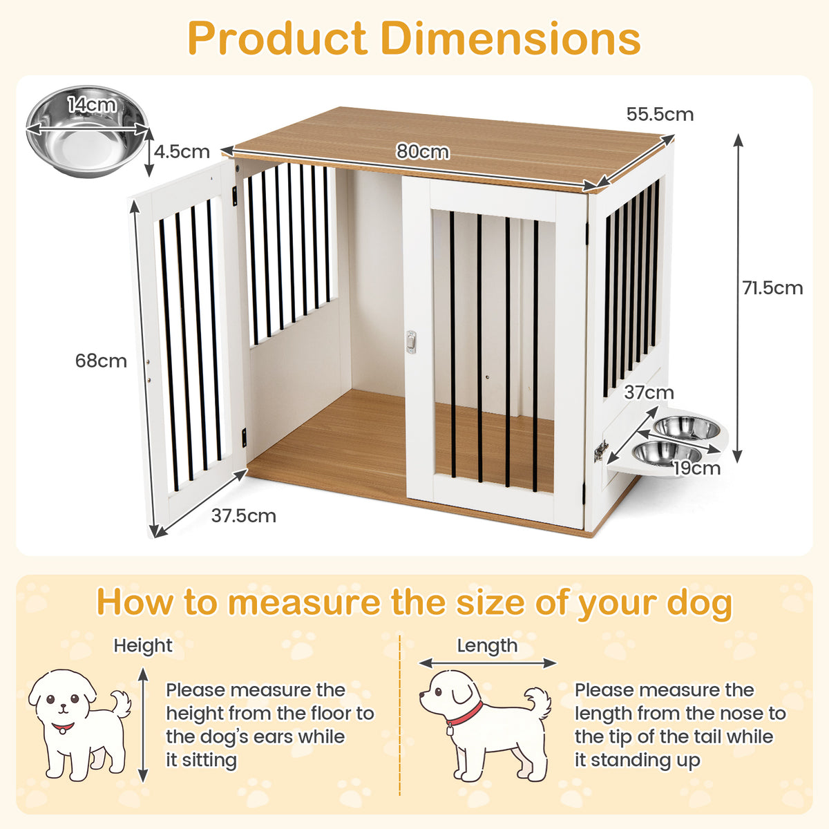 80 cm Dog Crate Furniture Indoor Wooden Dog Kennel with Double Lock Doors