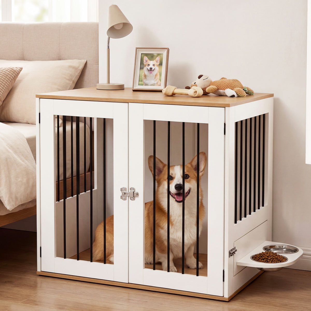 80 cm Dog Crate Furniture Indoor Wooden Dog Kennel with Double Lock Doors