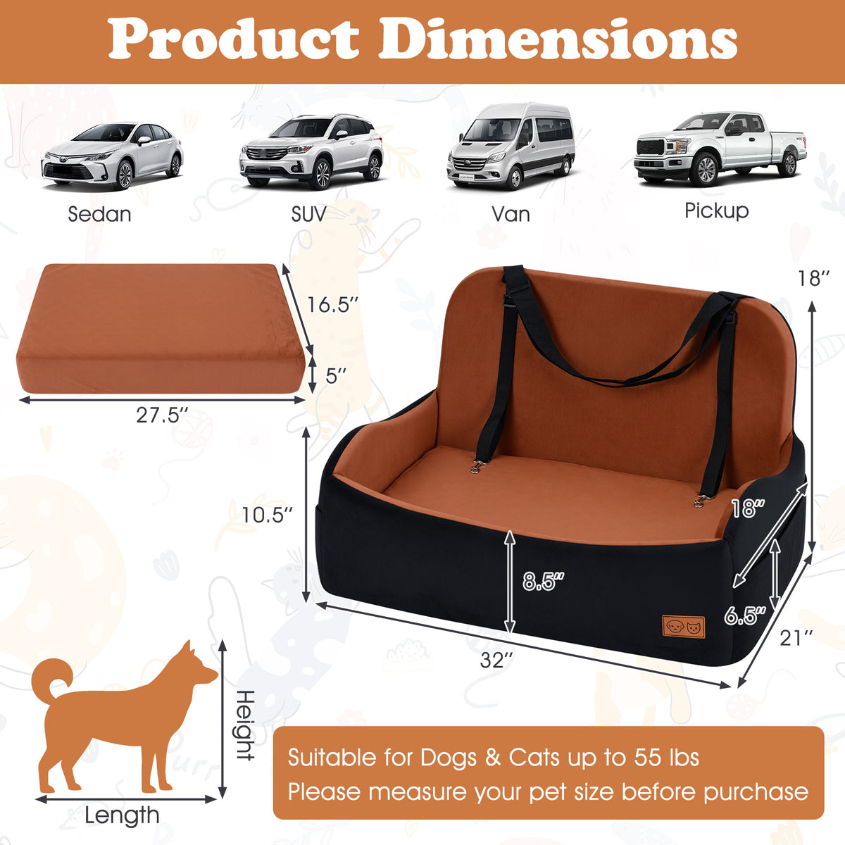Dog Booster Car Seat for S/M Dogs Detachable Elevated Pet Seat with Cushion