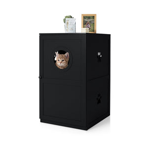 2-Tier Litter Box Enclosure, Cat House Bench W/Anti-Toppling System & Openable Door