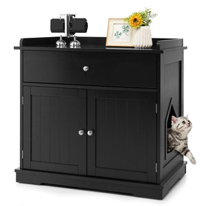 Cat Litter Box Enclosure, Hidden Cat Washroom Furniture W/Drawer & 2 Doors