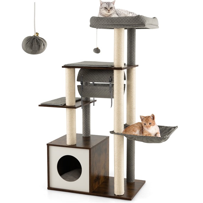 Modern Cat Tree Tower, Multi-level Cat Activity Center with Top Perch, Large Hammock, Cozy Condo