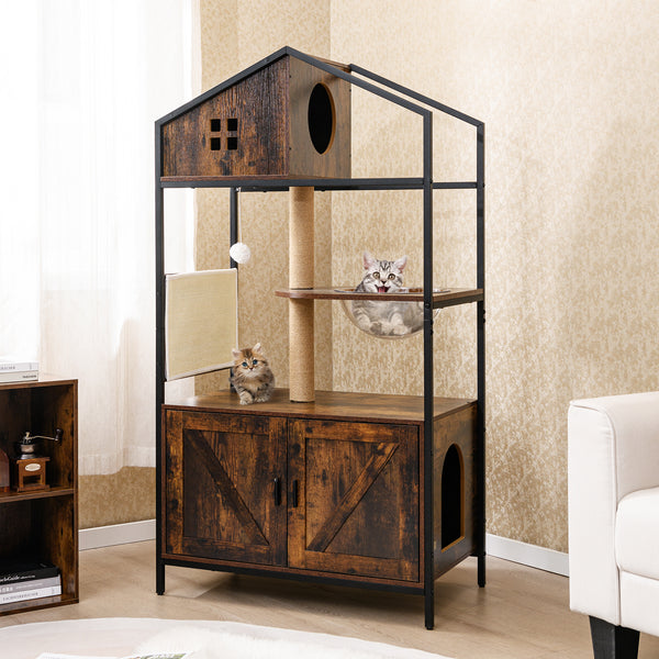 Industrial Cat Tower with Hidden Washroom and Litter Box Enclosure