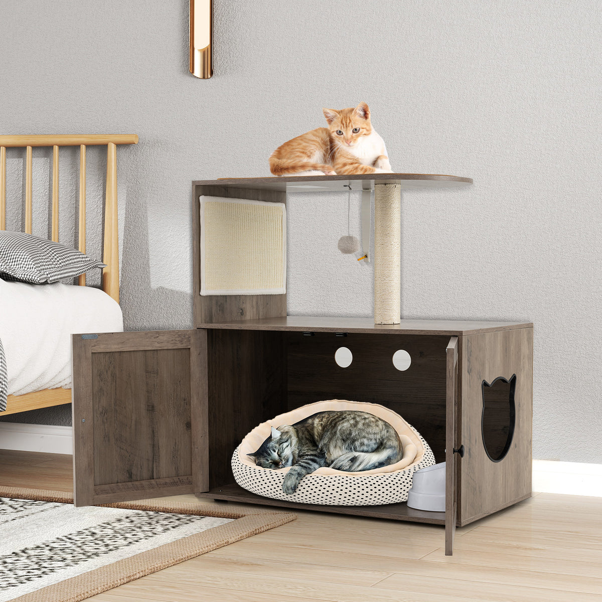 88 cm Tall Wooden Cat Tower with Sisal Scratching Post and Mat Dangling Ball and Top Perch