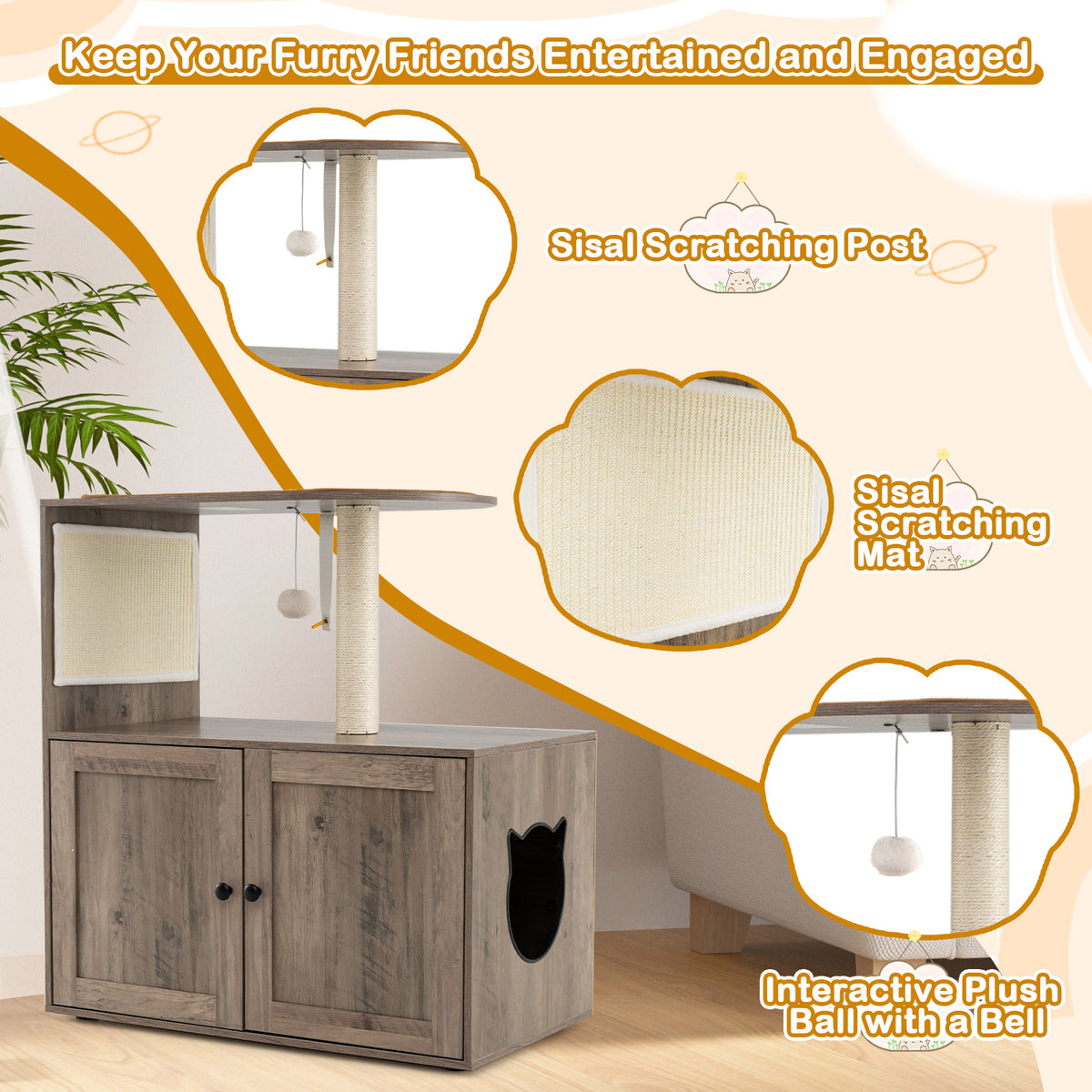 88 cm Tall Wooden Cat Tower with Sisal Scratching Post and Mat Dangling Ball and Top Perch
