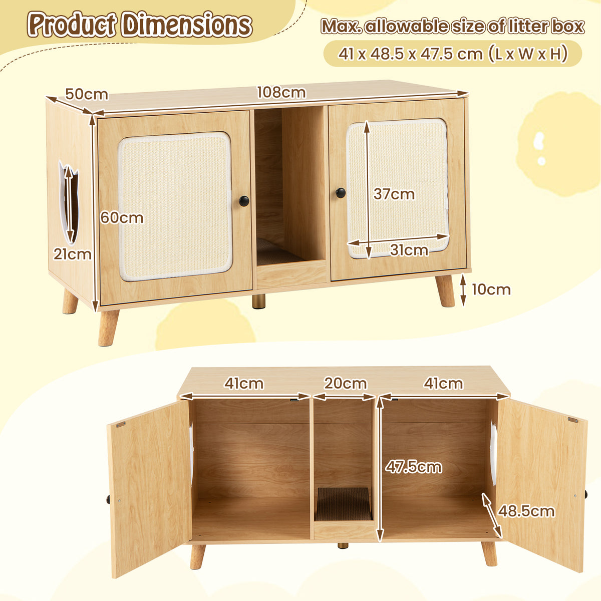 Cat Litter Box Enclosure for 2 Cats with Double Rooms and 2 Sisal Scratching Mats