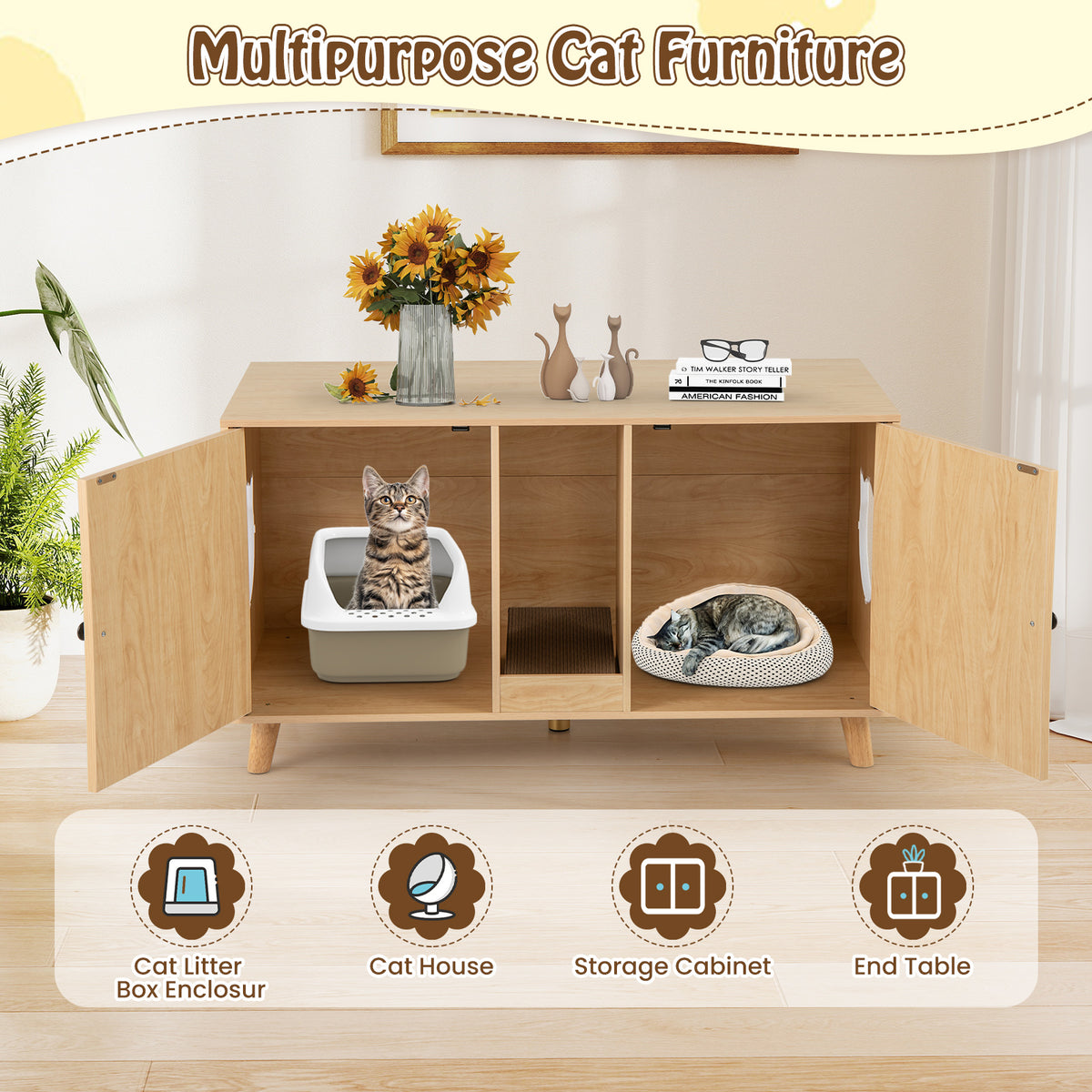 Cat Litter Box Enclosure for 2 Cats with Double Rooms and 2 Sisal Scratching Mats