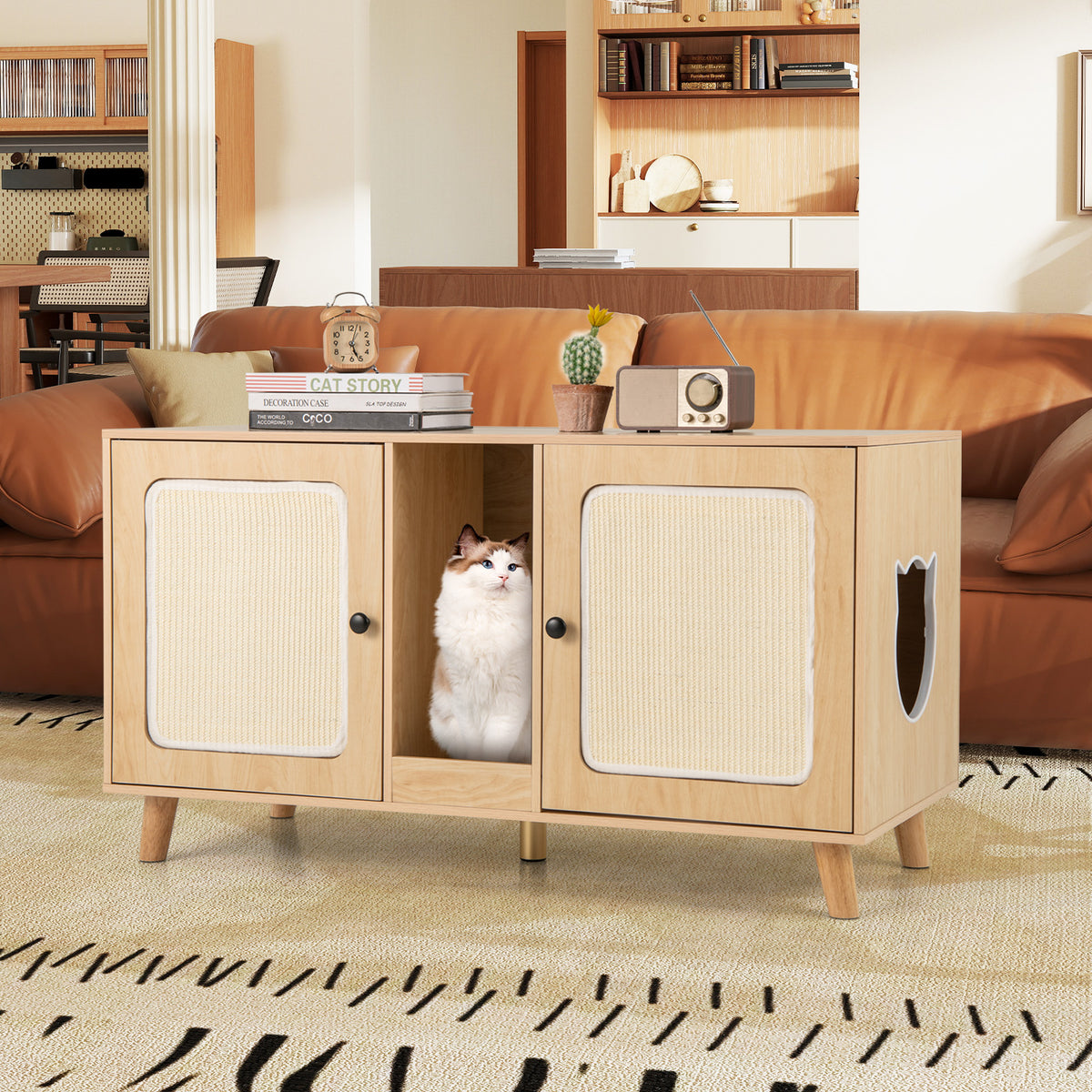 Cat Litter Box Enclosure for 2 Cats with Double Rooms and 2 Sisal Scratching Mats