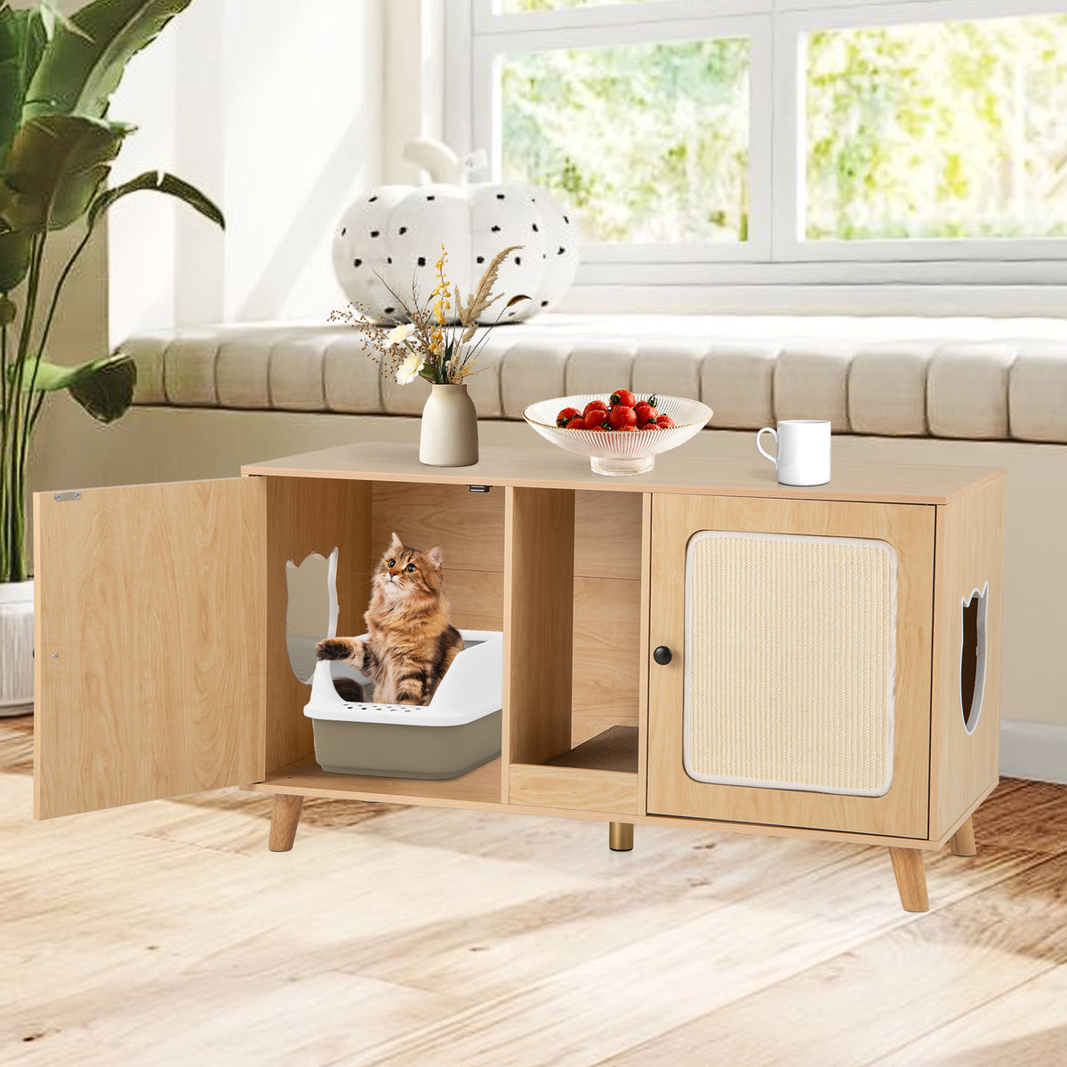 Cat Litter Box Enclosure for 2 Cats with Double Rooms and 2 Sisal Scratching Mats