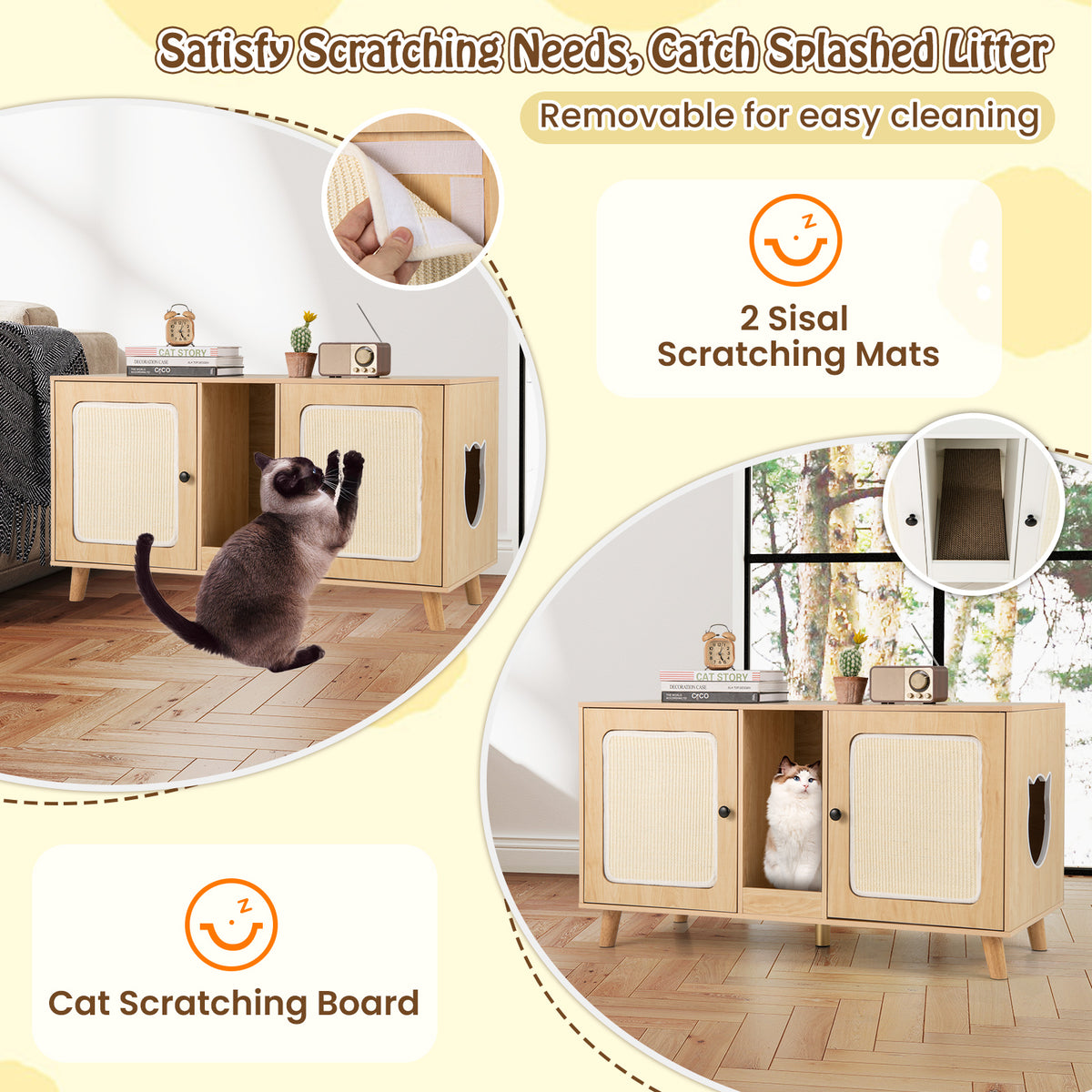 Cat Litter Box Enclosure for 2 Cats with Double Rooms and 2 Sisal Scratching Mats