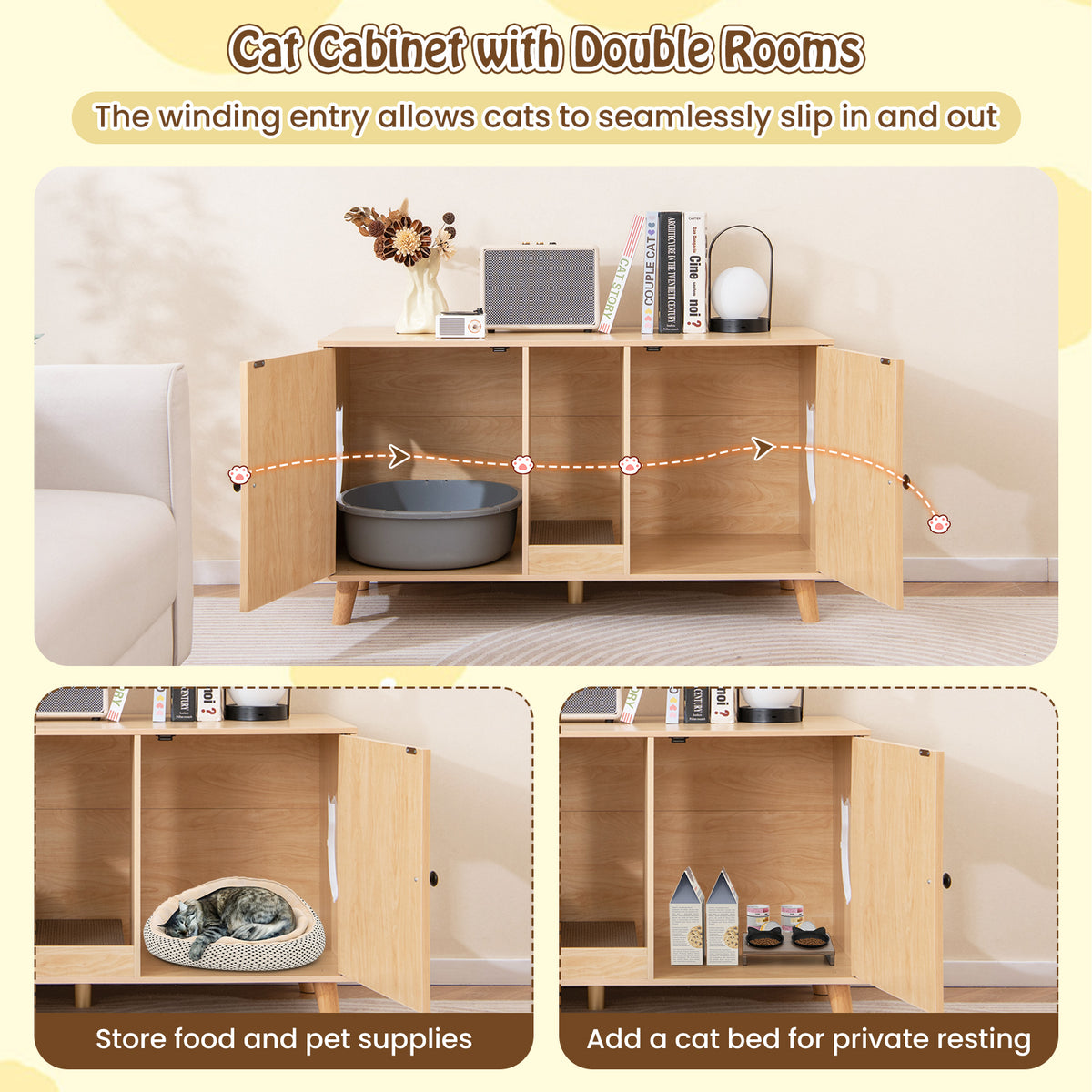 Cat Litter Box Enclosure for 2 Cats with Double Rooms and 2 Sisal Scratching Mats