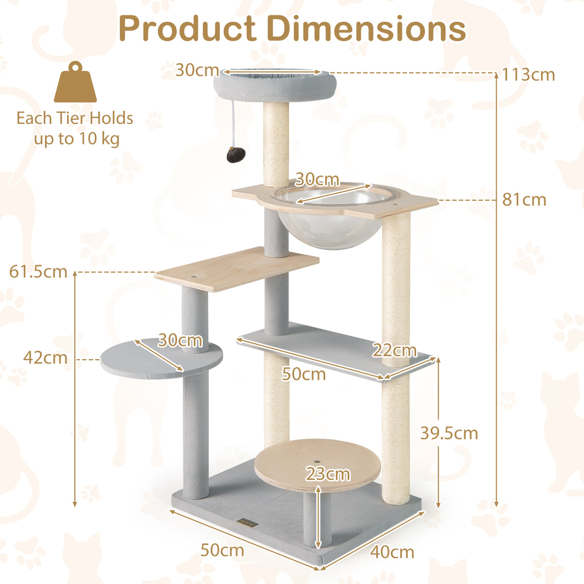 Modern Cat Tree, 113 cm Multi-level Cat Tower with Removable Padded Top Perch, Sisal Scratching Posts, Jumping Platforms, Dangling Ball, Kitty Activity Center for Indoor Cats