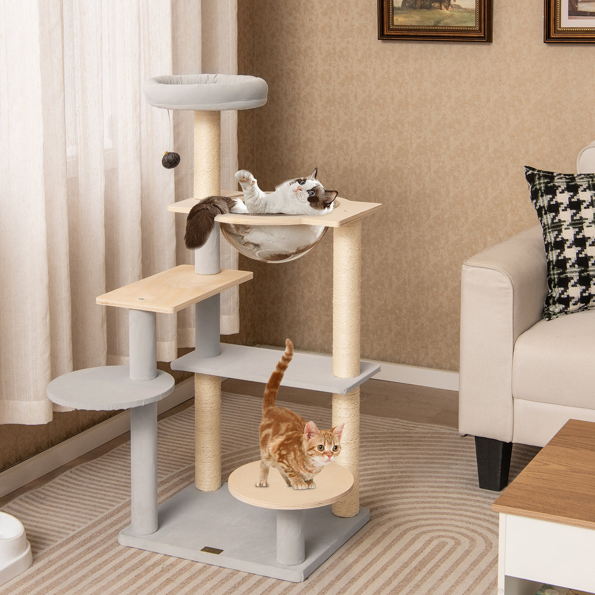 Modern Cat Tree, 113 cm Multi-level Cat Tower with Removable Padded Top Perch, Sisal Scratching Posts, Jumping Platforms, Dangling Ball, Kitty Activity Center for Indoor Cats