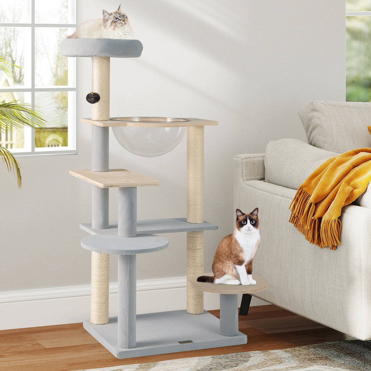 Modern Cat Tree, 113 cm Multi-level Cat Tower with Removable Padded Top Perch, Sisal Scratching Posts, Jumping Platforms, Dangling Ball, Kitty Activity Center for Indoor Cats