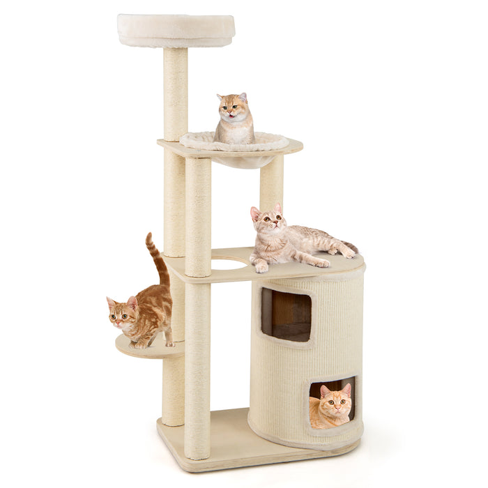 151 cm Wooden Cat Tower with Sisal Scratching Posts and Washable Plush Cushion