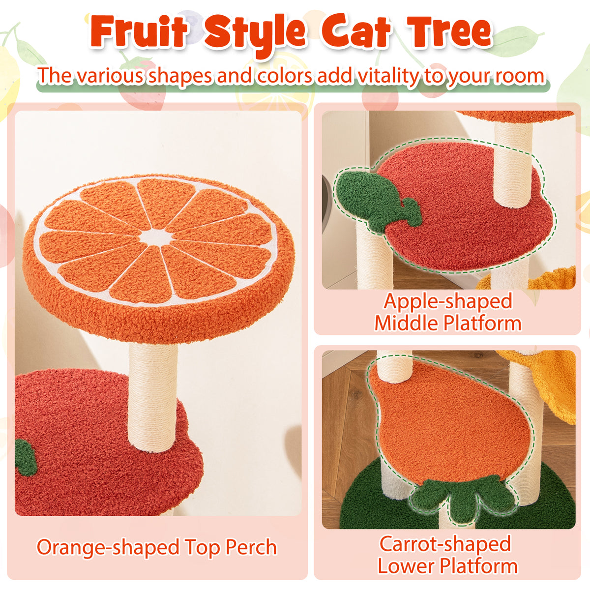 Fruit Style Cat Tree, Multi-level Cat Tower w/Padded Top Perch