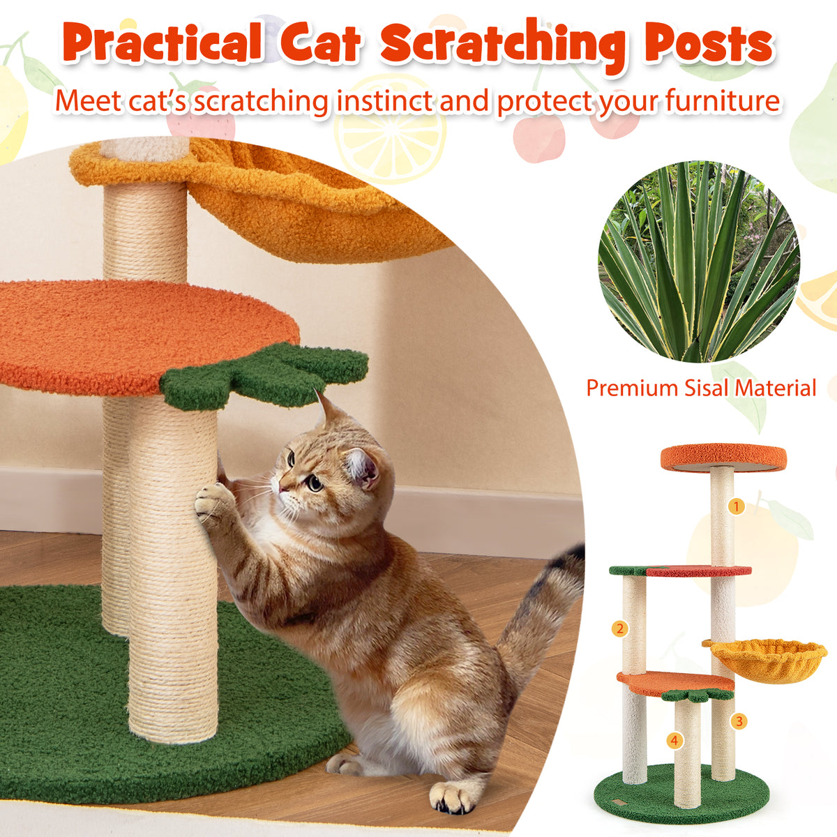 Fruit Style Cat Tree, Multi-level Cat Tower w/Padded Top Perch