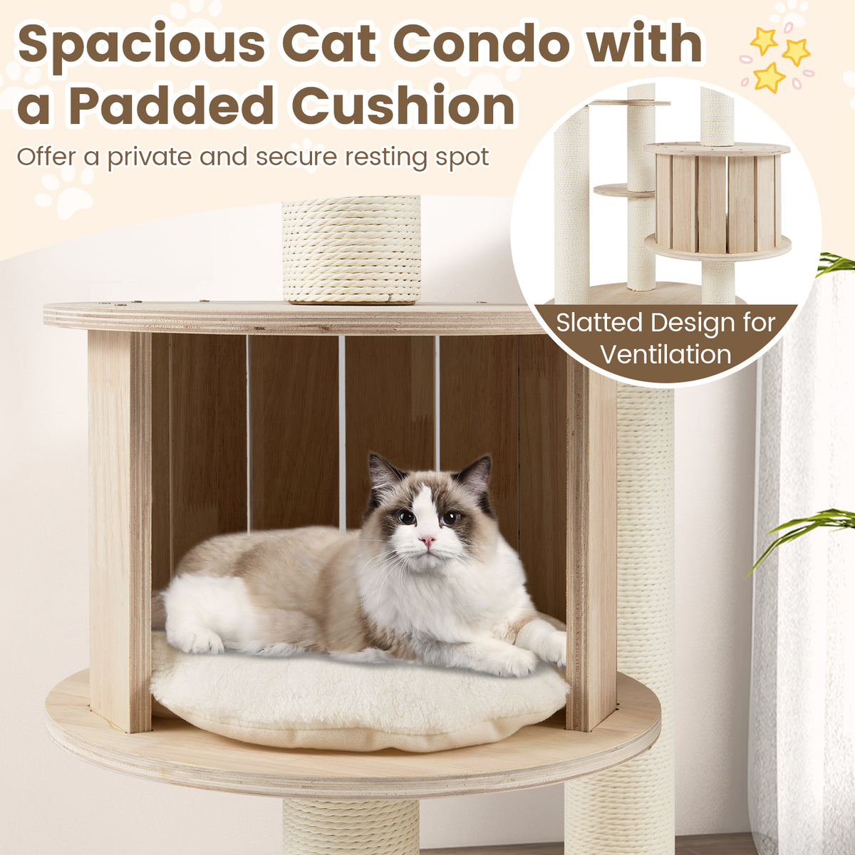 132cm Tall Wooden Cat Tree with Condo and Multi-Level Climbing Stand