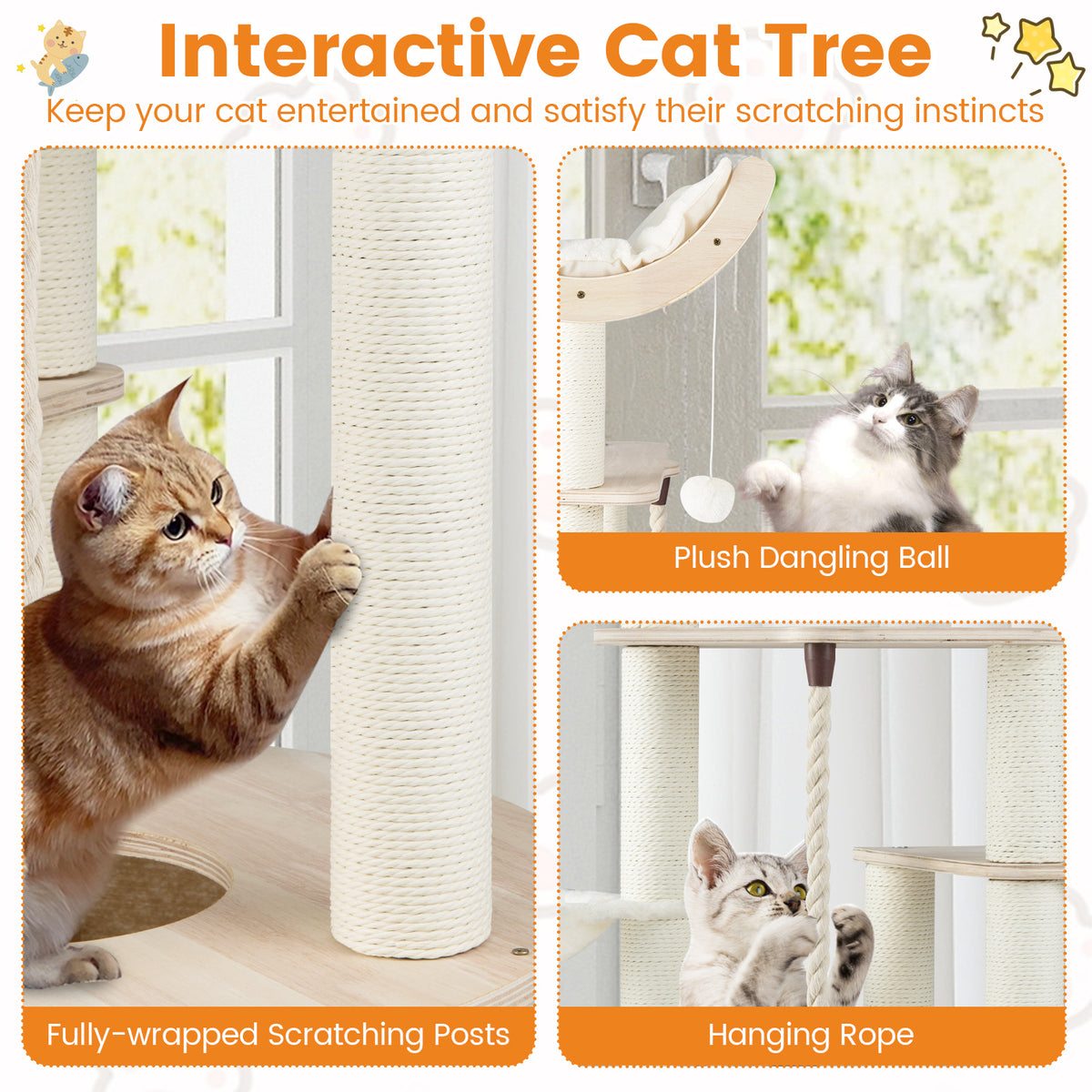 141cm Tall Wooden Cat Tree with Condo and Washable Plush Cushions for Indoor Cats